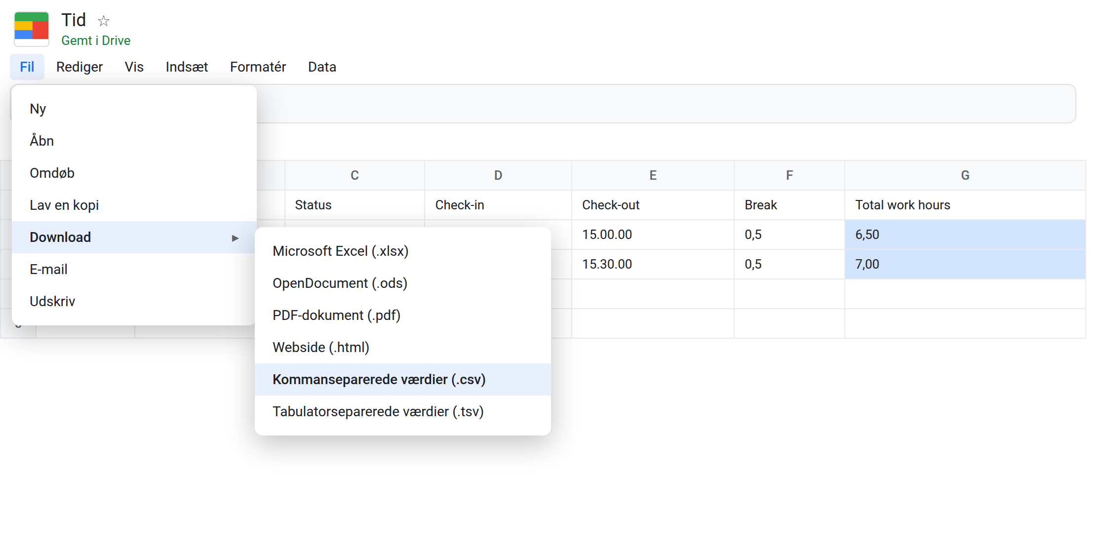 Google Sheets: Fil → Download → Kommanseparerede værdier (.csv)