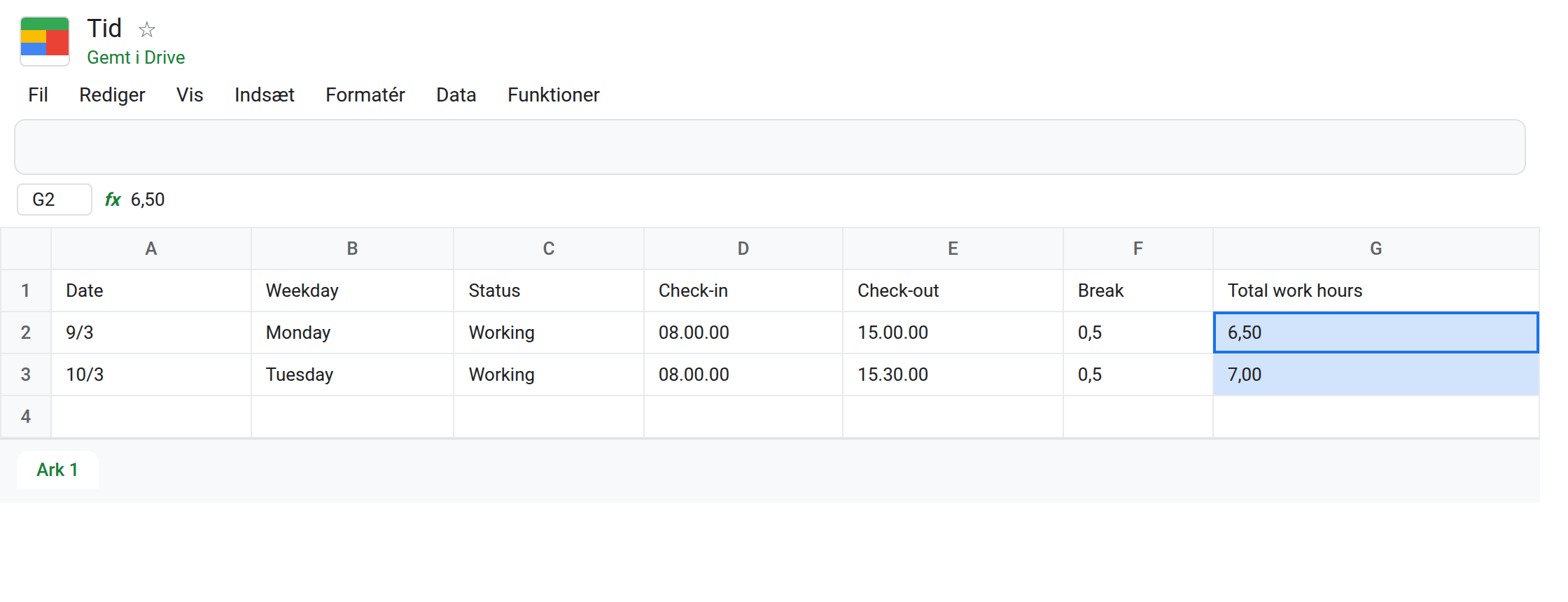 Google Sheets med Date, Weekday, Status, Check-in, Check-out, Break og Total work hours